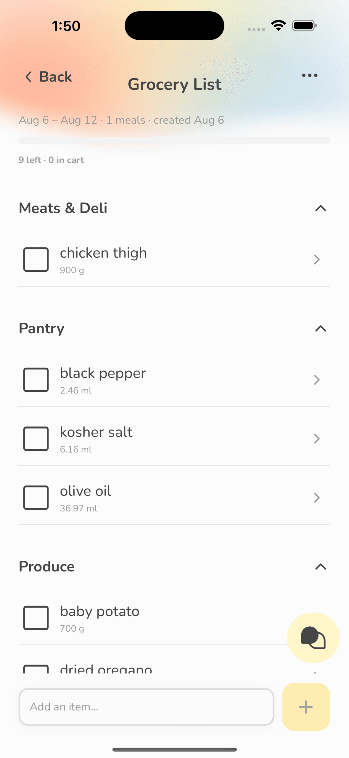 Grocery list organized into shopping sections