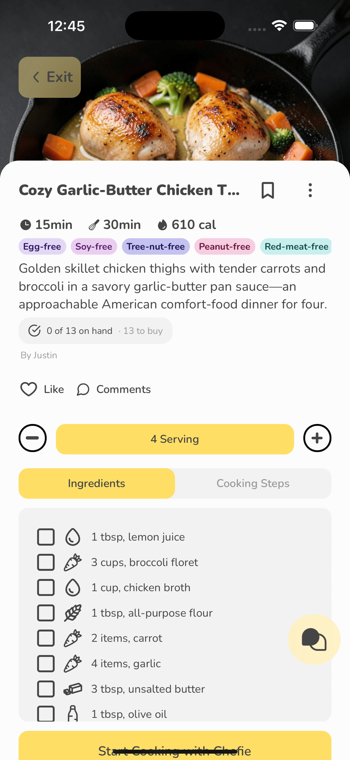 Recipe page with likes, comments, serving controls, and ingredients